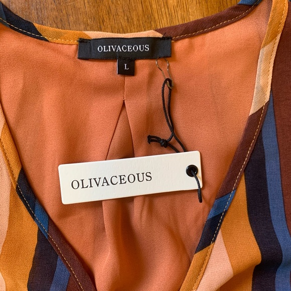 Olivaceous V-Neck Maxi Dress Large Striped Blue Brown Tie Waist Long outer Panel - Picture 3 of 13